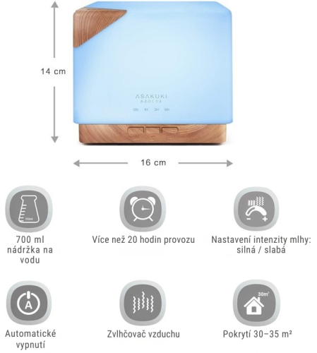Aroma difuzér ASAKUKI velkokapacitní - světlé dřevo 700 ml