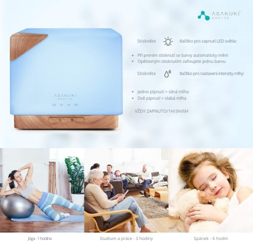 Aroma difuzér ASAKUKI velkokapacitní - bílé dřevo 700 ml