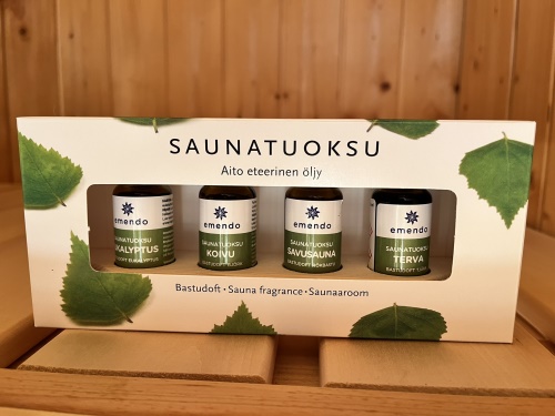 Set esenciálnych olejov do sauny 4×10 ml, drevený stojan