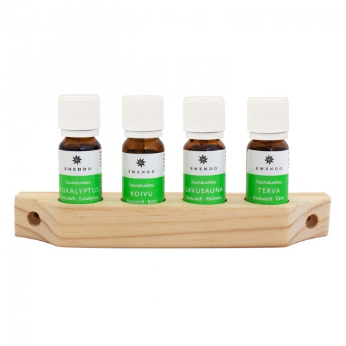 Set esenciálnych olejov do sauny 4×10 ml, drevený stojan