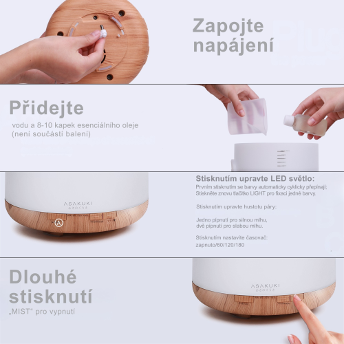 Aroma difuzér ASAKUKI - světlé dřevo 500 ml s dálkovým ovládáním